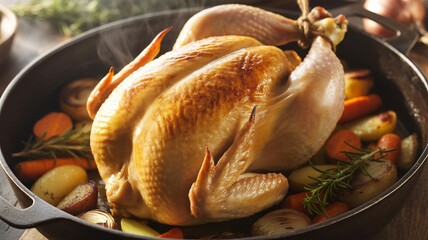 Roasted chicken with vegetables in a cast iron skillet