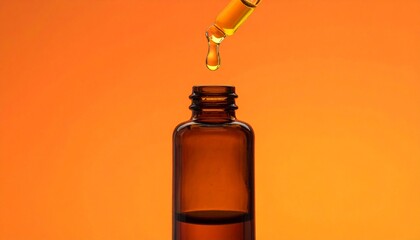 Pipette dropper dispensing a golden liquid drop into an amber glass bottle on an orange background.