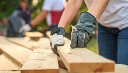 Person's Hands in Work Gloves Arranging Wooden Planks for Construction or DIY Project Outdoors