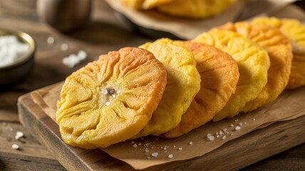 Delicious fried plantains on wooden board with salt