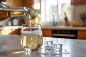 Beer poured into glass on kitchen counter with ice cubes