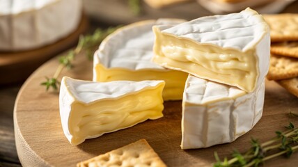 Delicious brie cheese on wooden board with crackers