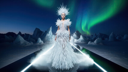 Fantasy ice queen in white dress and crown under northern lights.