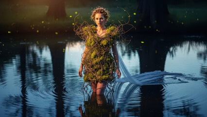 Mystical woman in leaf dress standing in swamp water with fireflies.