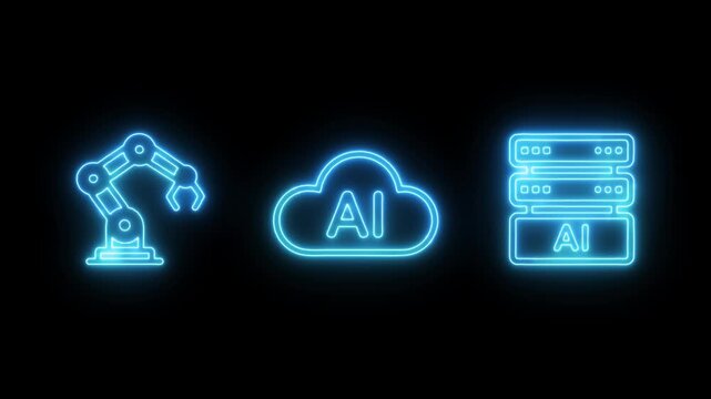 Futuristic glowing neon icons of a robotic arm, cloud computing with AI text, and data server on a alpha channel transparency