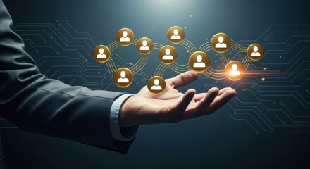 Hand holding glowing golden user network icons on a dark digital circuit background