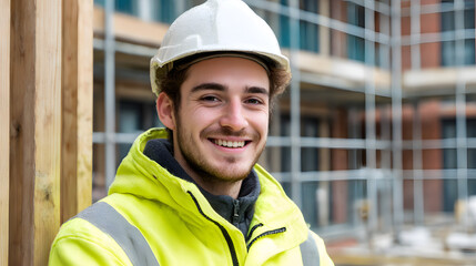 Smiling Construction Worker: A skilled construction worker, radiating confidence and expertise, stands proudly in front of a construction site, embodying the spirit of industry and progress.