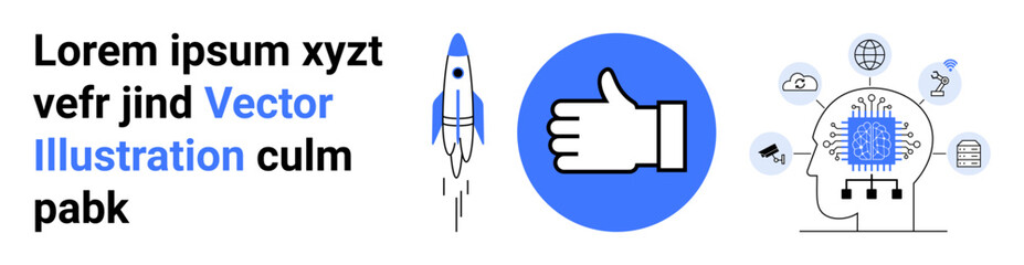 Obraz premium Innovation, technology, feedback, artificial intelligence, success, progress. A spaceship launching, a thumbs-up symbol and a brain with AI network icons. Innovation and technology concept
