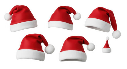 Several santa hats isolated on transparent background