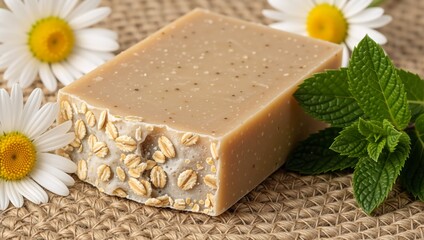 Handmade oatmeal soap bar with fresh chamomile flowers and mint leaves. Natural organic skincare product on rustic burlap background