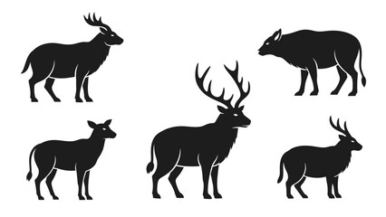 Fototapeta premium Collection of Black Silhouette Icons Representing Various Wild Animals including Deer and Boar