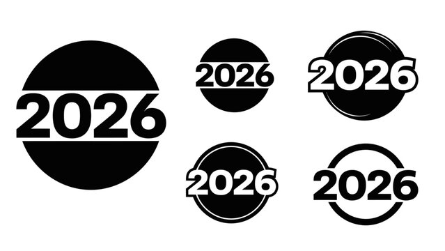 Collection of 2026 year icons and logos simple black and white design celebrating the upcoming year