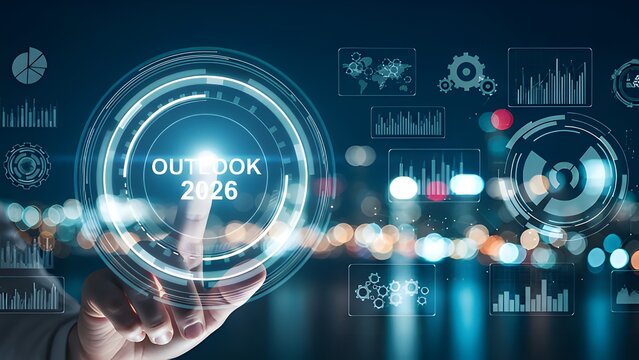 A hand interacting with a futuristic digital interface displaying outlook 2026 and various data analysis graphics - Powered by Adobe