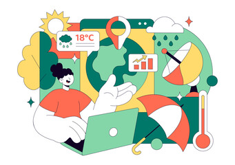 Meteorologist Vector Illustration Featuring A Weather Forecaster Analyzing Atmospheric Precipitation Maps And Weather Patterns on a Flat Background