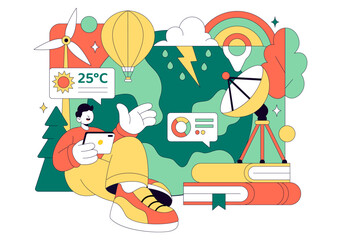 Fototapeta premium Meteorologist Vector Illustration Featuring A Weather Forecaster Analyzing Atmospheric Precipitation Maps And Weather Patterns on a Flat Background