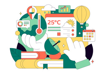 Meteorologist Vector Illustration Featuring A Weather Forecaster Analyzing Atmospheric Precipitation Maps And Weather Patterns on a Flat Background