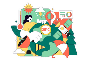 Meteorologist Vector Illustration Featuring A Weather Forecaster Analyzing Atmospheric Precipitation Maps And Weather Patterns on a Flat Background