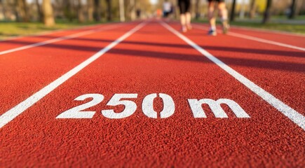 Close-up of a track at the 250m mark, vibrant red surface with white lane markers and numerals, runners in the distance, capturing movement