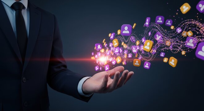 Businessmans hand holding a stream of glowing purple and orange user icons on a dark background - Powered by Adobe