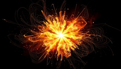A radiant, fiery explosion against a stark black background, showcasing dynamic energy