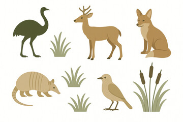 Obraz premium Argentine Pampas Wildlife Icon Set with Ñandú, Deer and Fox in Flat Vector