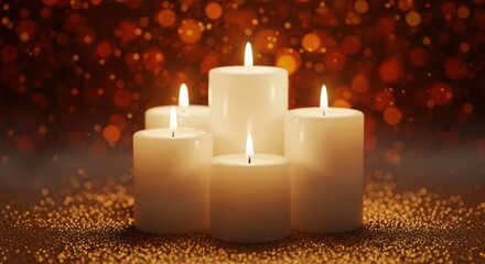 Five white pillar candles burning brightly on golden glitter with an orange bokeh background