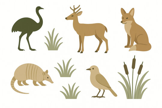 Argentine Pampas Wildlife Icon Set with &Ntilde;and&uacute;, Deer and Fox in Flat Vector