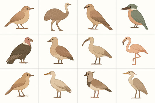 Argentinian Wild Birds Icon Grid with Hornero, Condor and Flamingo in Flat Vector