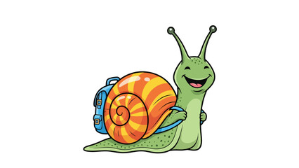 Cheerful cartoon snail with orangestriped shell wearing a blue backpack