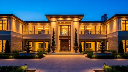 Luxury modern house exterior at night featuring large columns and sophisticated lighting design