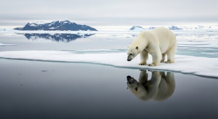 Polar bear standing on ice staring into the calm water surface with distant snowy peaks