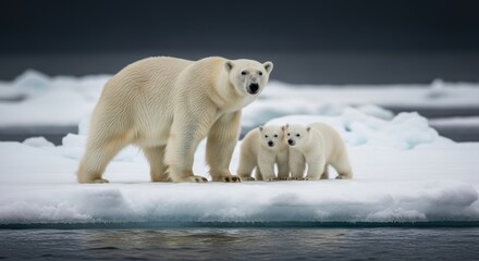 Polar bear mother and two cubs standing on a floating ice floe in the arctic sea