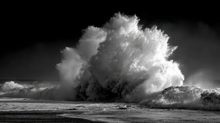 Black and white image showcasing a powerful ocean wave crashing onto a shoreline with dynamic energy and texture. The dark sky contrasts the bright foam