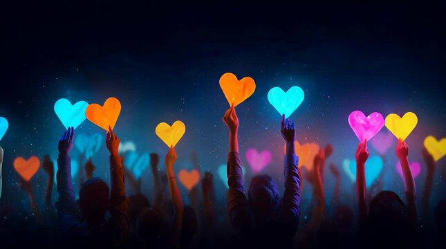 People holding up glowing colorful heart signs in a dark concert or event setting, expressing love and support.