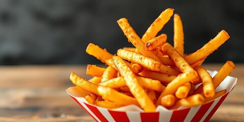 Crispy golden french fries piled high in a paper boat,  golden,  high-res