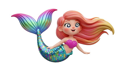 Cute Cartoon Mermaid with Colorful Iridescent Tail Isolated on Transparent Background