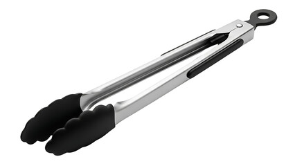 Stainless Steel Kitchen Tongs with Black Silicone Tips Isolated on Transparent Background