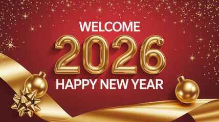 Welcome 2026 Happy New Year celebration with golden balloon numbers an