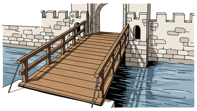 Wooden drawbridge leading to a stone castle entrance over water