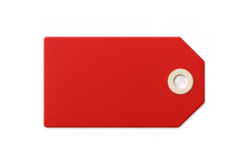 Red rectangular price tag with eyelet for retail pricing, sale, discount, and shopping promotions on transparent background