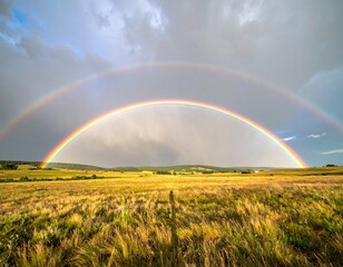 Obraz premium two rainbows intersecting faintly above an open field, subtle and natural