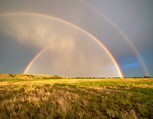 Naklejka premium two rainbows intersecting faintly above an open field, subtle and natural