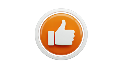 3D Like Icon with Thumb Up on Orange Circle, Isolated