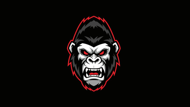 Fierce Gorilla Head Mascot with Red Eyes on Black Background for Sports Teams and Brands