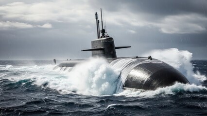 Fototapeta premium Submarine navigating rough seas under stormy sky demonstrating advanced naval technology and sea