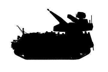 Silhouette of air defense, armored vehicle with machine gun barrel. Modern air defense. Suitable for designs related to air defense, military operations, security, and technology in warfare.