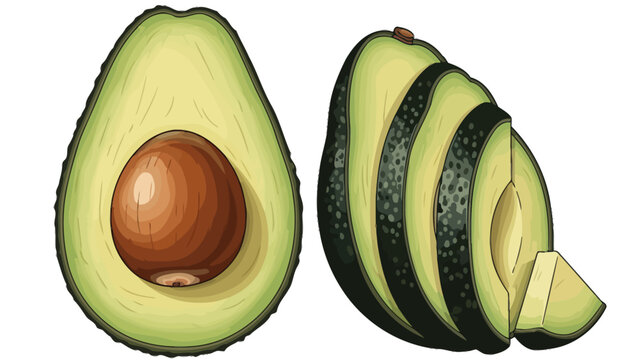 Two illustrations of avocados one halved with a pit one sliced