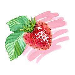 A red, juicy strawberry with a green leaf against a pink splash of strawberry juice or yogurt. A beautiful berry design. Summer red berries. Sweet ripe strawberry. Hand drawn watercolor illustration