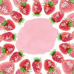 A square frame of juicy strawberries. A red summer berry wreath. Hand drawn watercolor illustration. Copy space template for design cosmetics, fruit snacks, marmalade, candies, chewing gum, menu