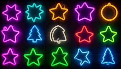 Collection of neon light Christmas shapes, stars, trees, and ornaments against a dark backdrop